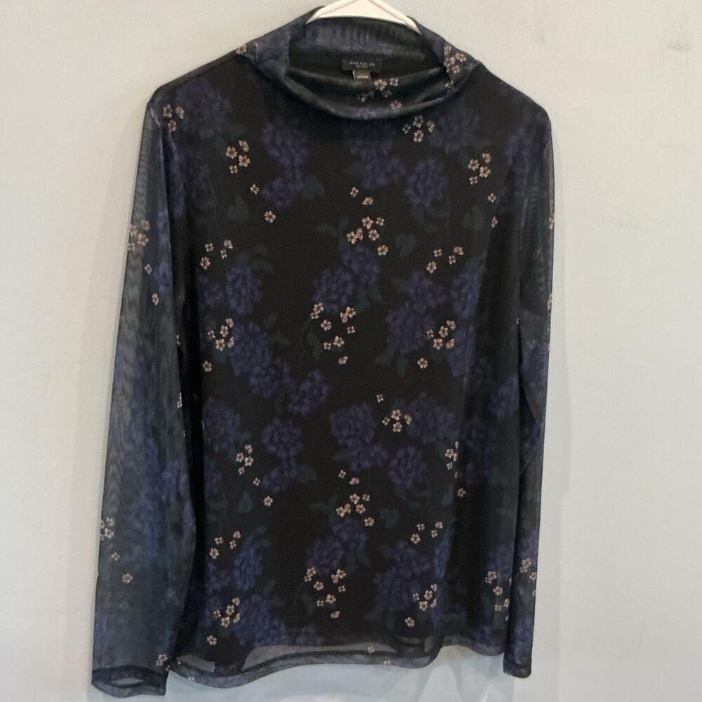 Vintage Ann Taylor Womens Micro Mesh‎ Turtleneck Top Black Floral Y2K Whimsigoth